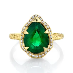 18k Premium Baby Water Drop Zambian Emerald Queen Ring with Full Pavé Diamond Halo