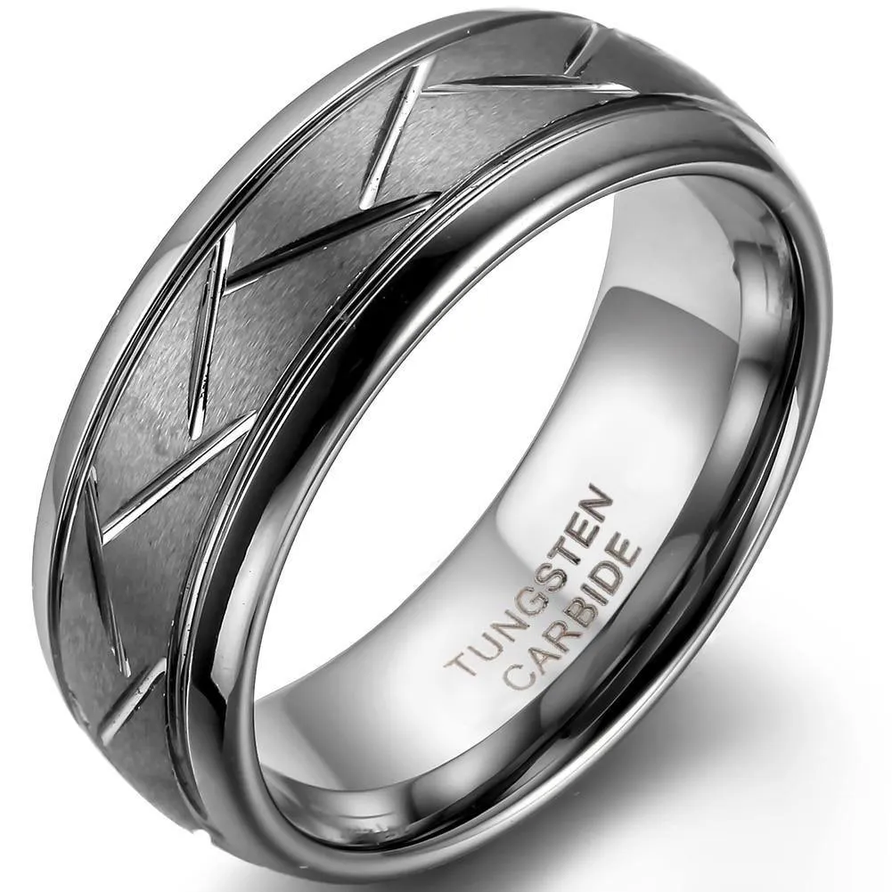 8MM Men's Grey Brushed Finish Grooved Tungsten Carbide Ring