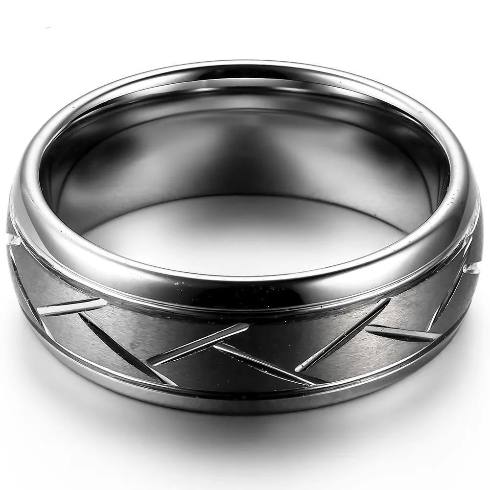 8MM Men's Grey Brushed Finish Grooved Tungsten Carbide Ring