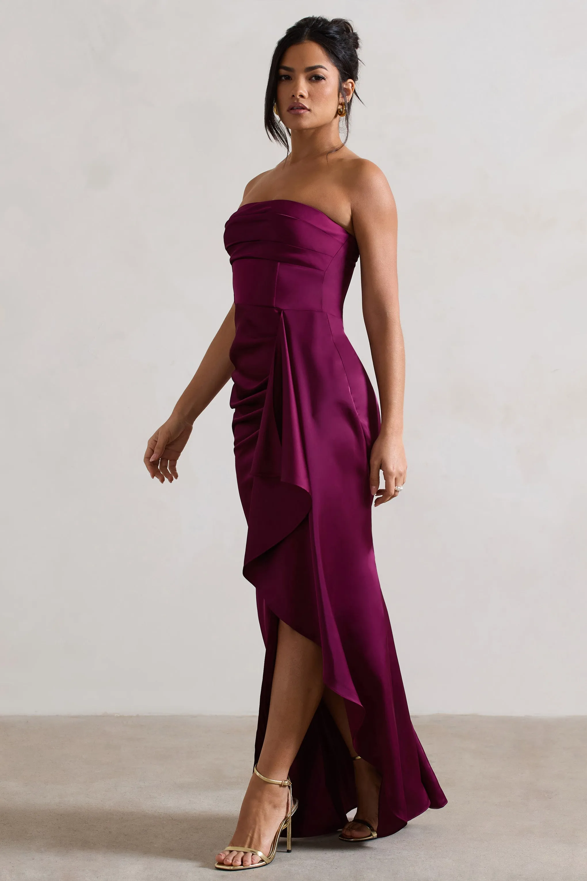 Ace | Plum Satin Bandeau Split Maxi Dress With Ruffle Drape