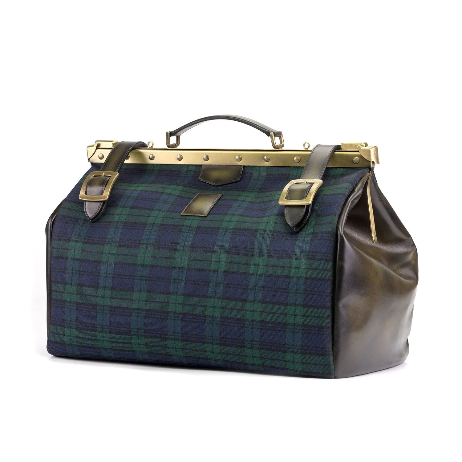 Ambrogio Unisex Blue, Green & Olive Blackwatch Fabric / Calf-Skin Leather Doctor Bag (AMBH1028)