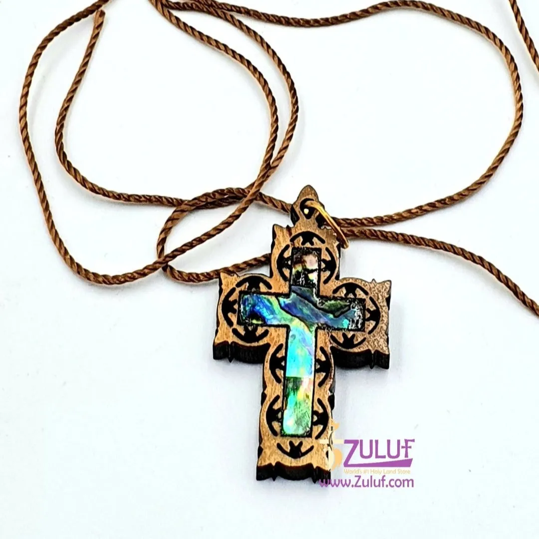 Artistic Olive Wood Cross Pendant with Mother of Pearl by Zuluf PEN188