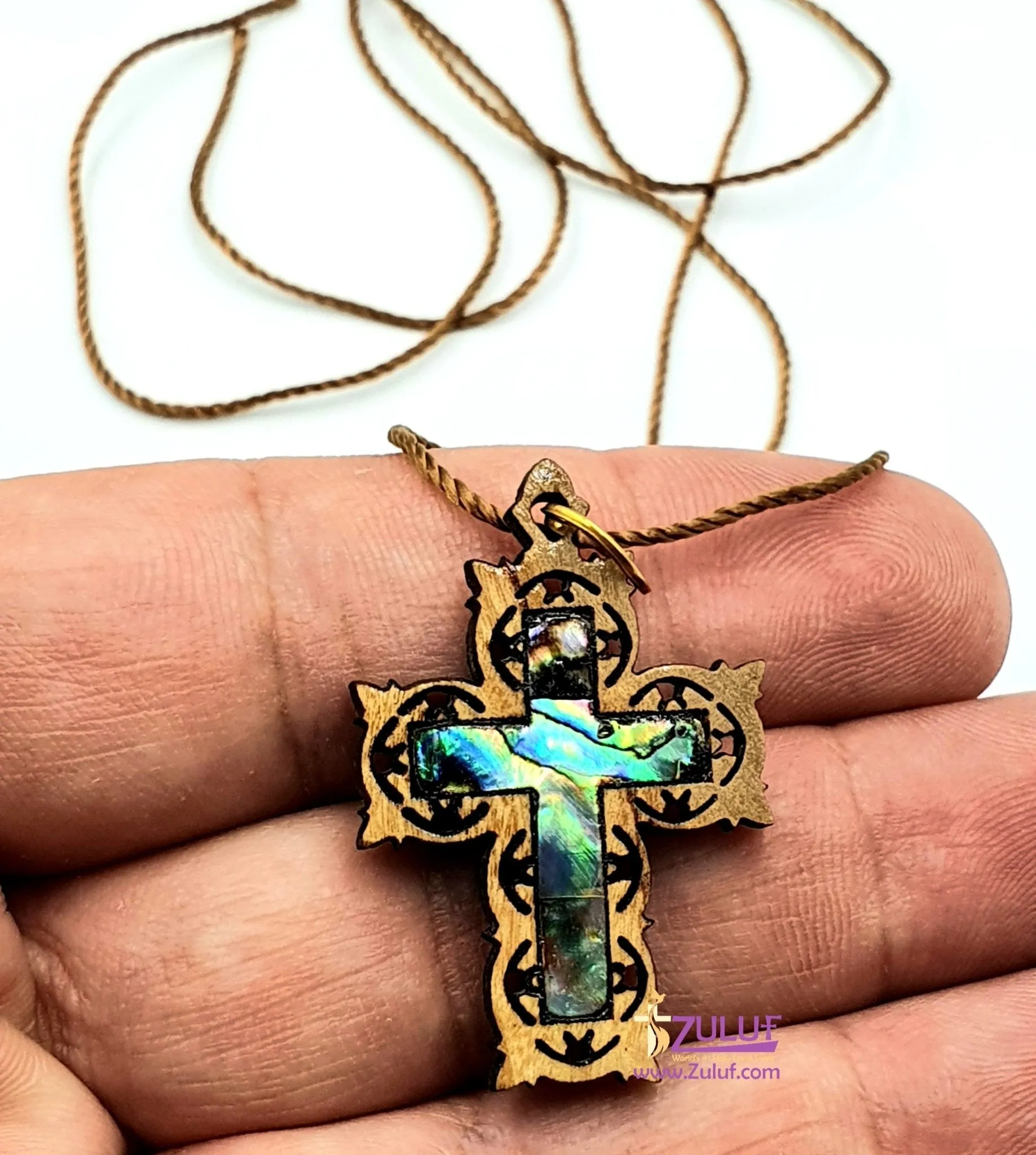 Artistic Olive Wood Cross Pendant with Mother of Pearl by Zuluf PEN188