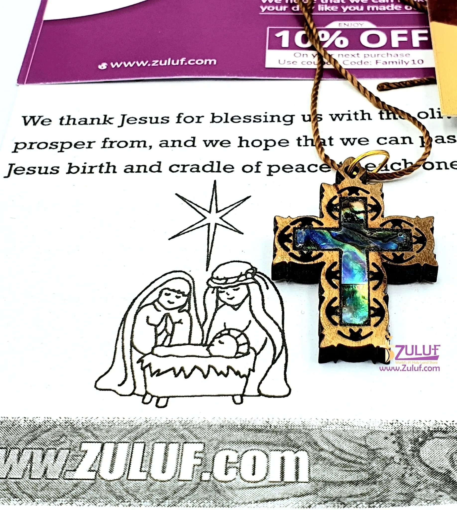 Artistic Olive Wood Cross Pendant with Mother of Pearl by Zuluf PEN188