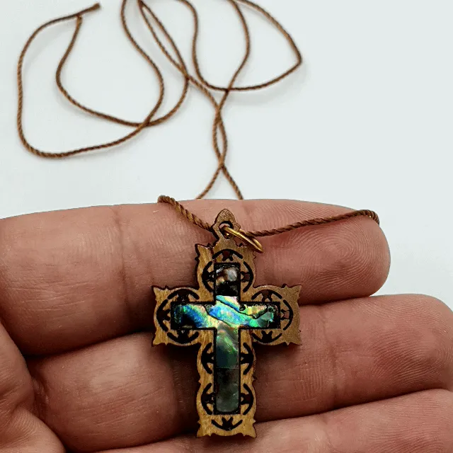 Artistic Olive Wood Cross Pendant with Mother of Pearl by Zuluf PEN188