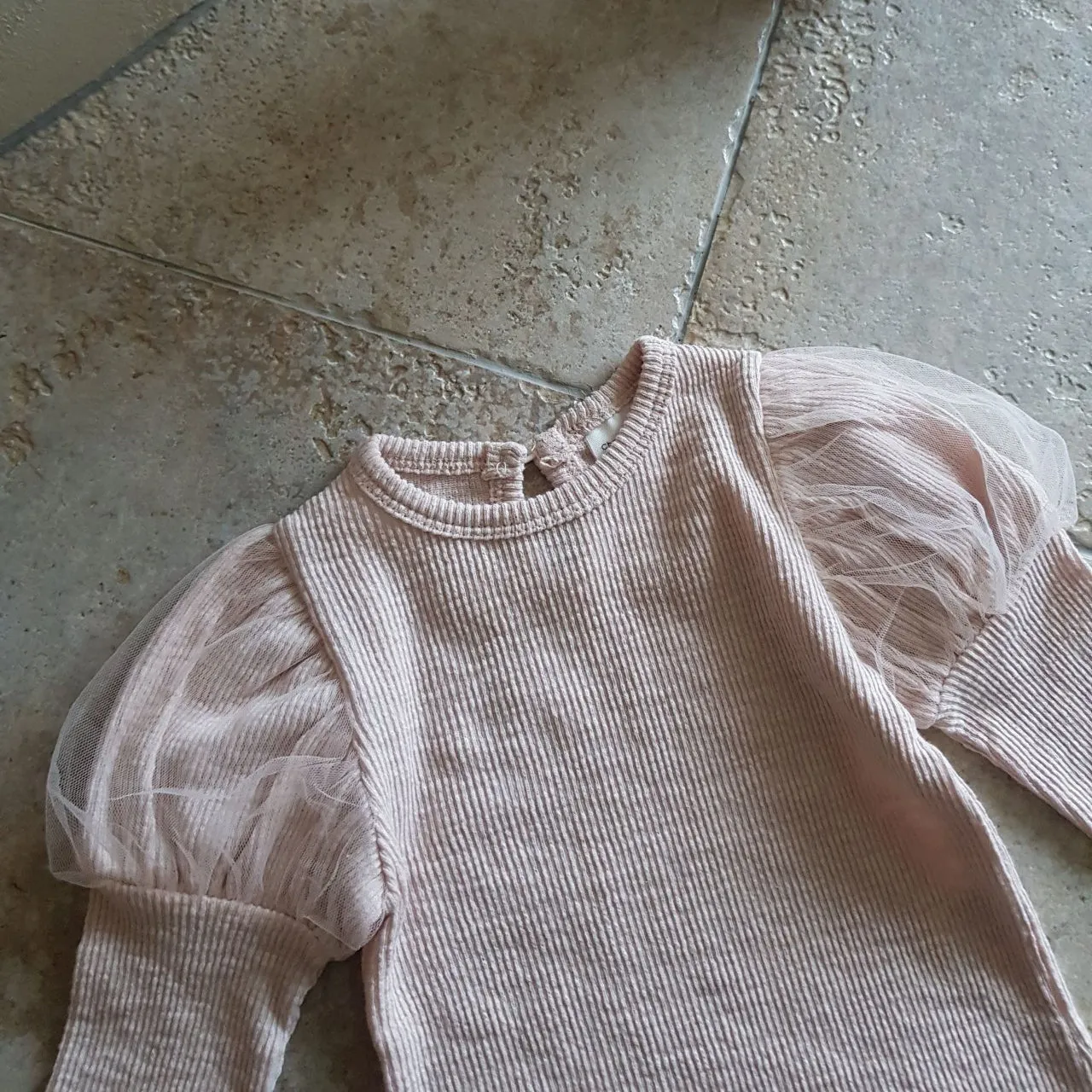 Baby Puff Sleeve Ribbed Top (6-12m) -Pink