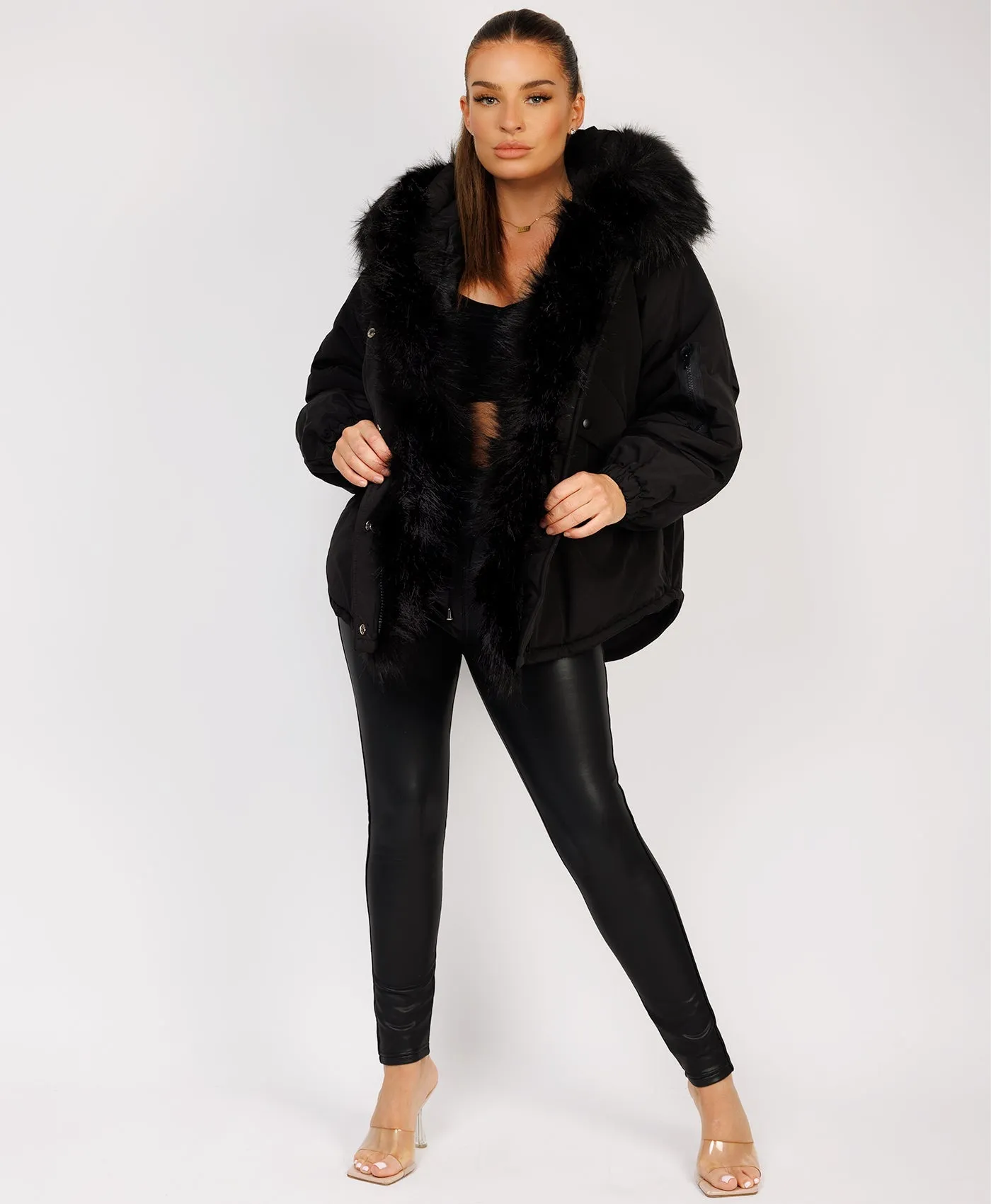 Black Faux Fur Trim Oversized Hooded Jacket