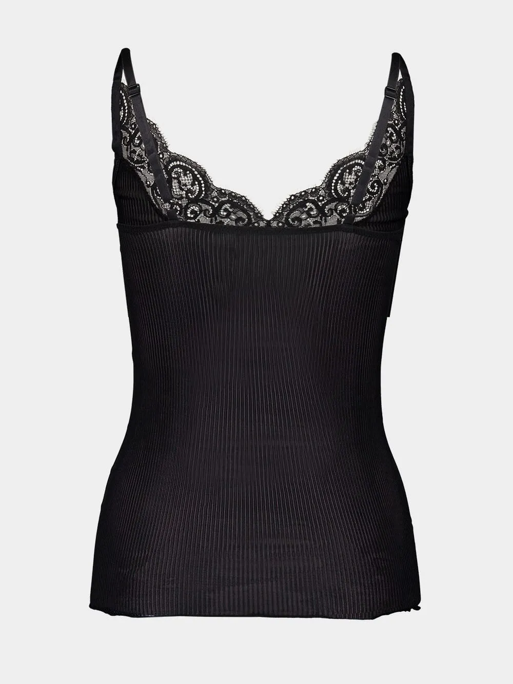 Black Laced Ribbed Silk Tank Top