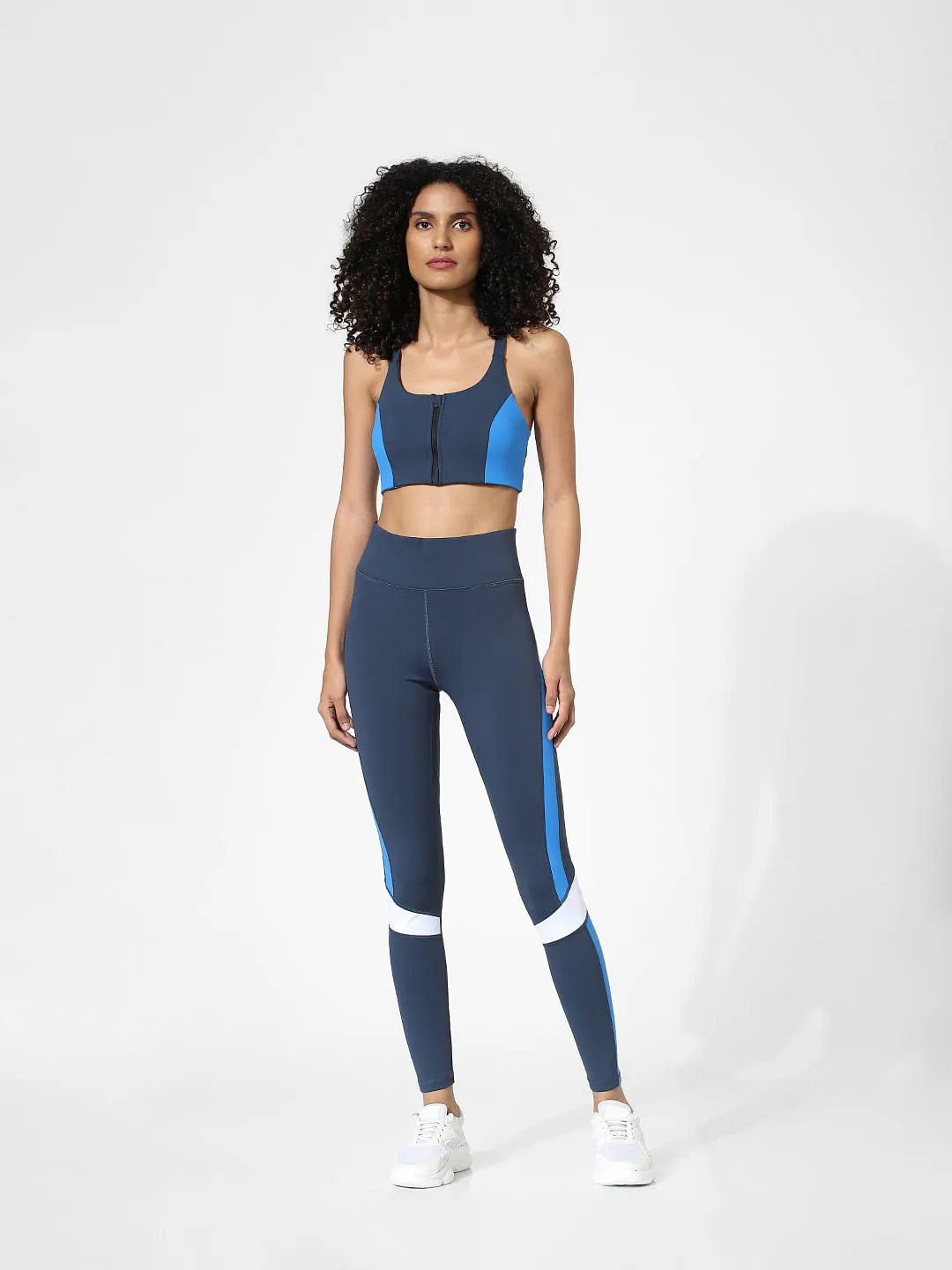 Blue Colourblocked Zip-Up Sports Bra