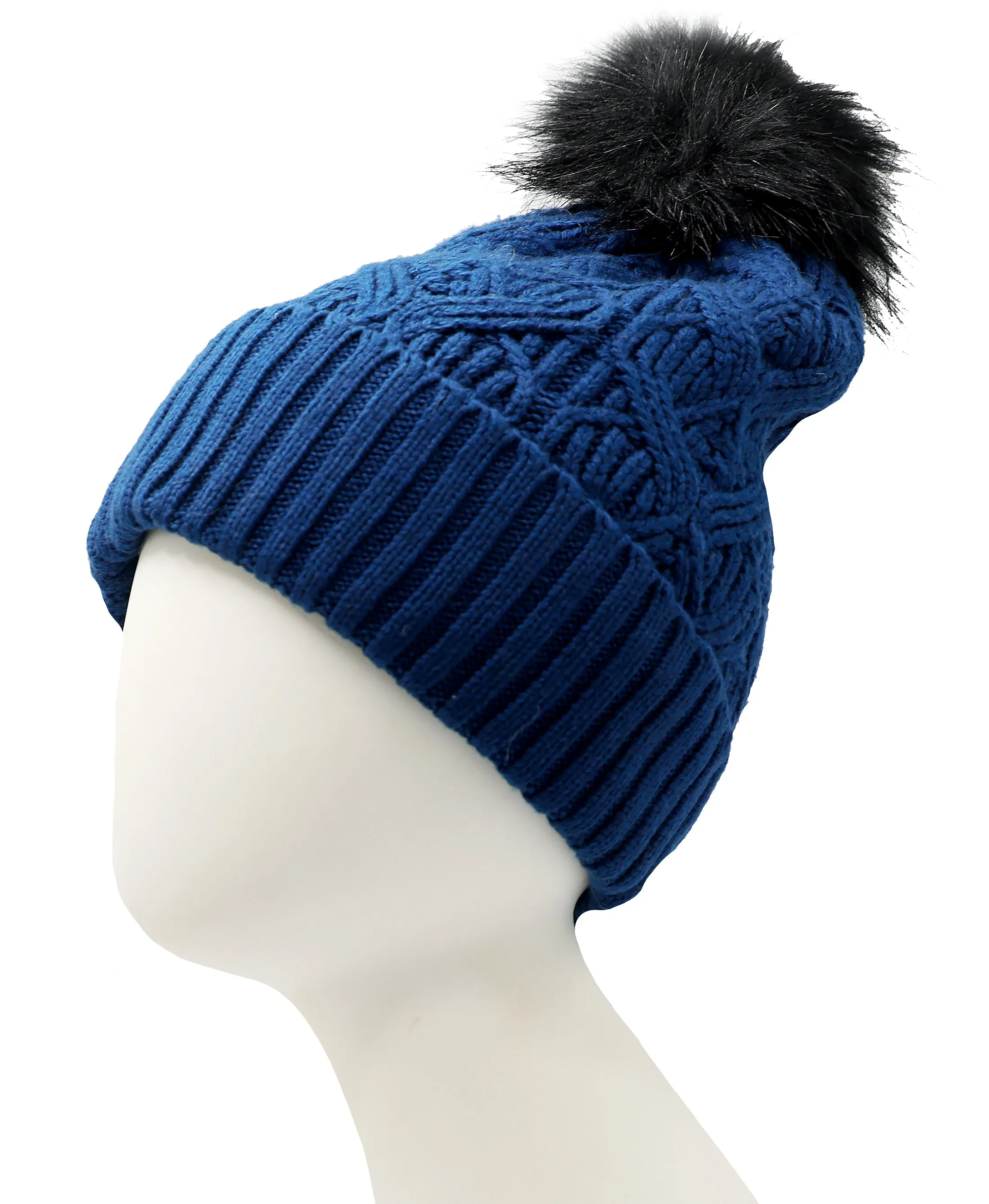 Cable Knit Hat w/ Faux Fur Pom