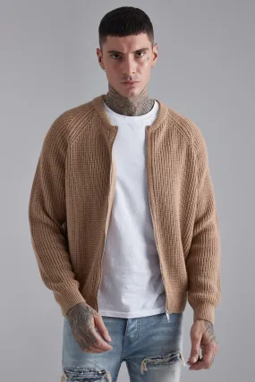 Collarless Ribbed Chunky Knitted Bomber