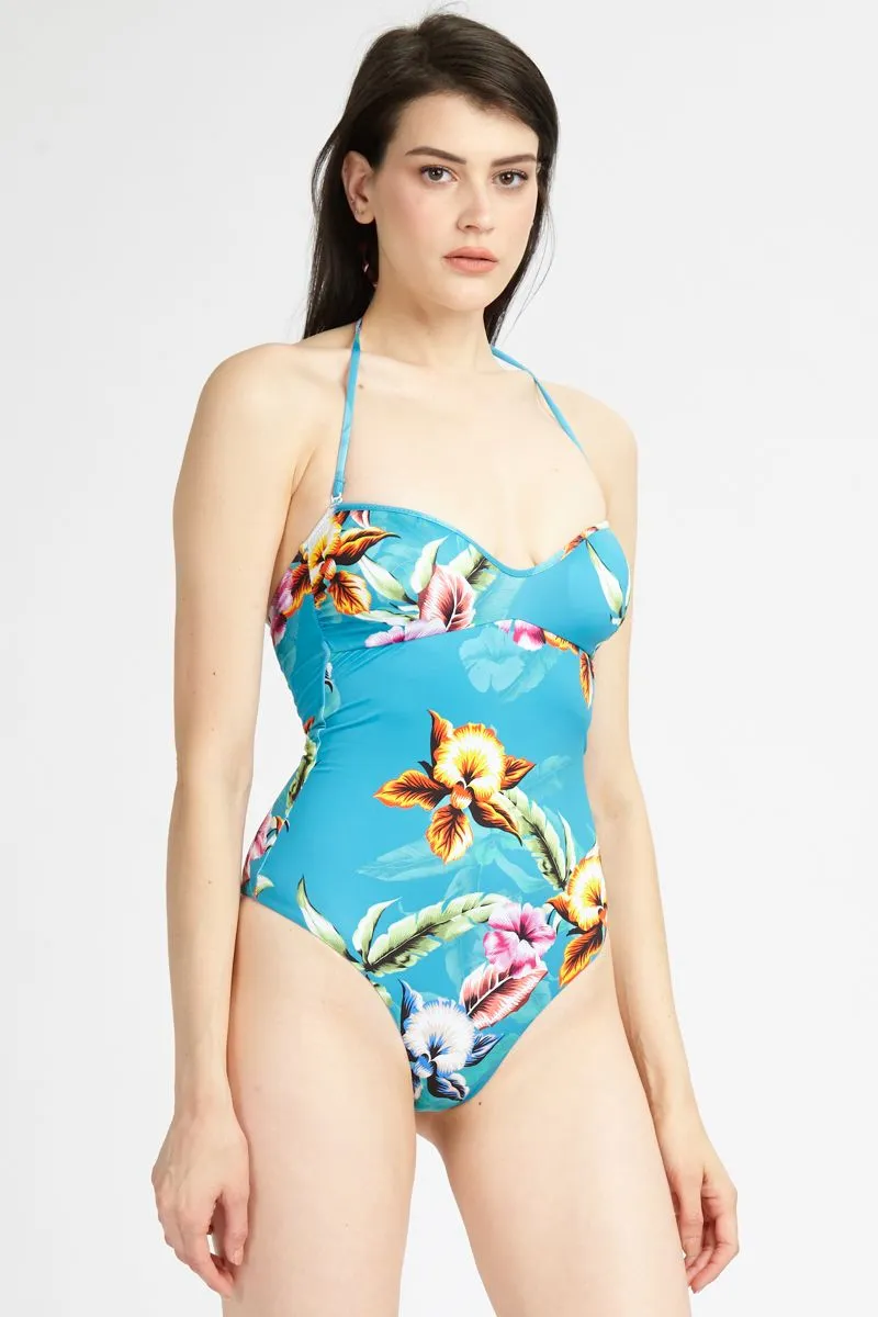 Costume Intero Fantasia Tropicale Donna Azzurro