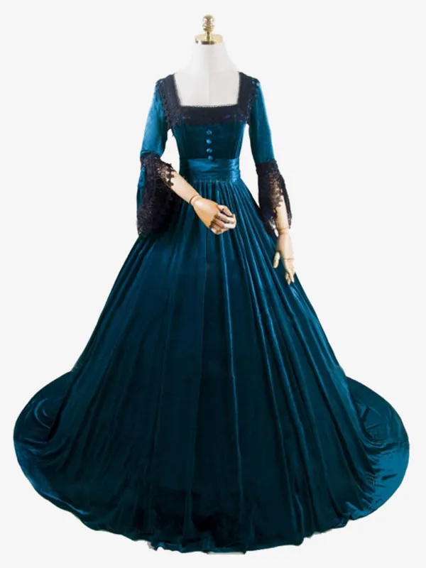 Deep Blue  Retro Tudor Dress Costumes  Lace Polyester Marie Antoinette Costume Dress Women's Retro Tunic Vintage Clothing