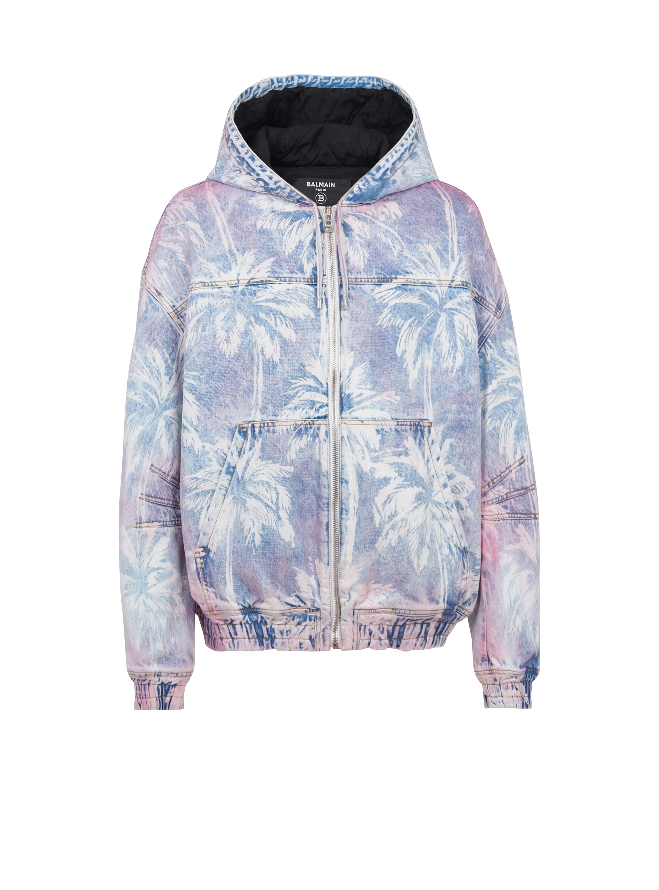 Denim hooded bomber jacket with palm tree print