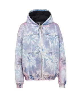 Denim hooded bomber jacket with palm tree print