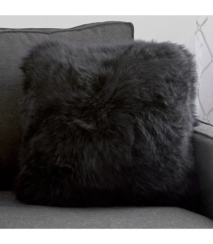 Double Sided Longwool Sheep Fur Pillow in Black: FurSource.com