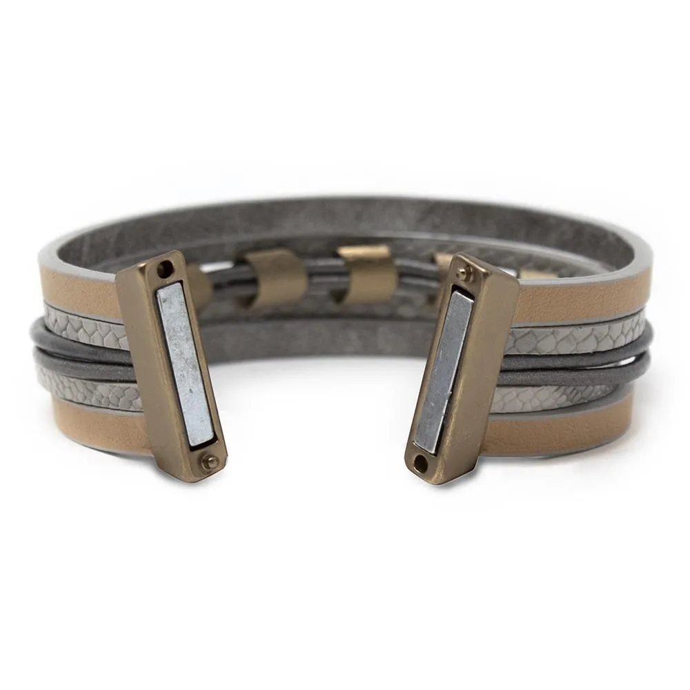 Five String Leather Bracelet With Bronze Accent Dark Grey