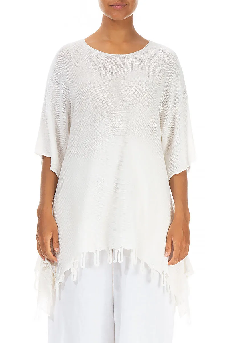 Fringed Loose White Linen Jumper