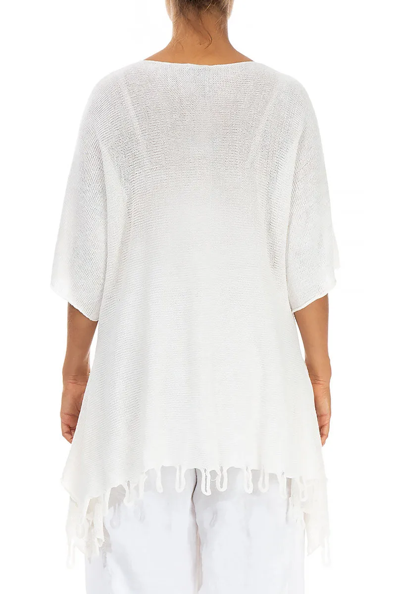 Fringed Loose White Linen Jumper