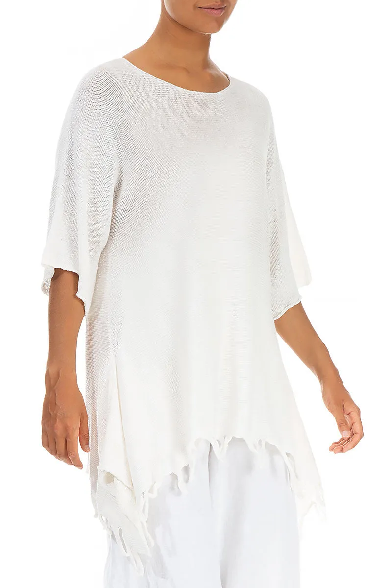 Fringed Loose White Linen Jumper