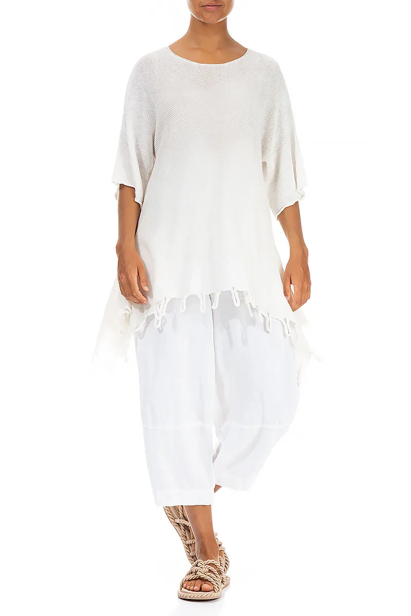 Fringed Loose White Linen Jumper