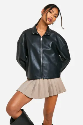 Funnel Neck Faux Leather Bomber Jacket