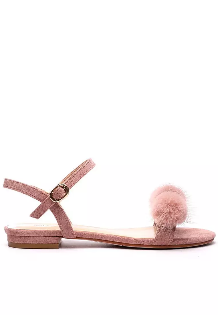 Fur Ball Ankle Strap Flat Sandals 6848-30