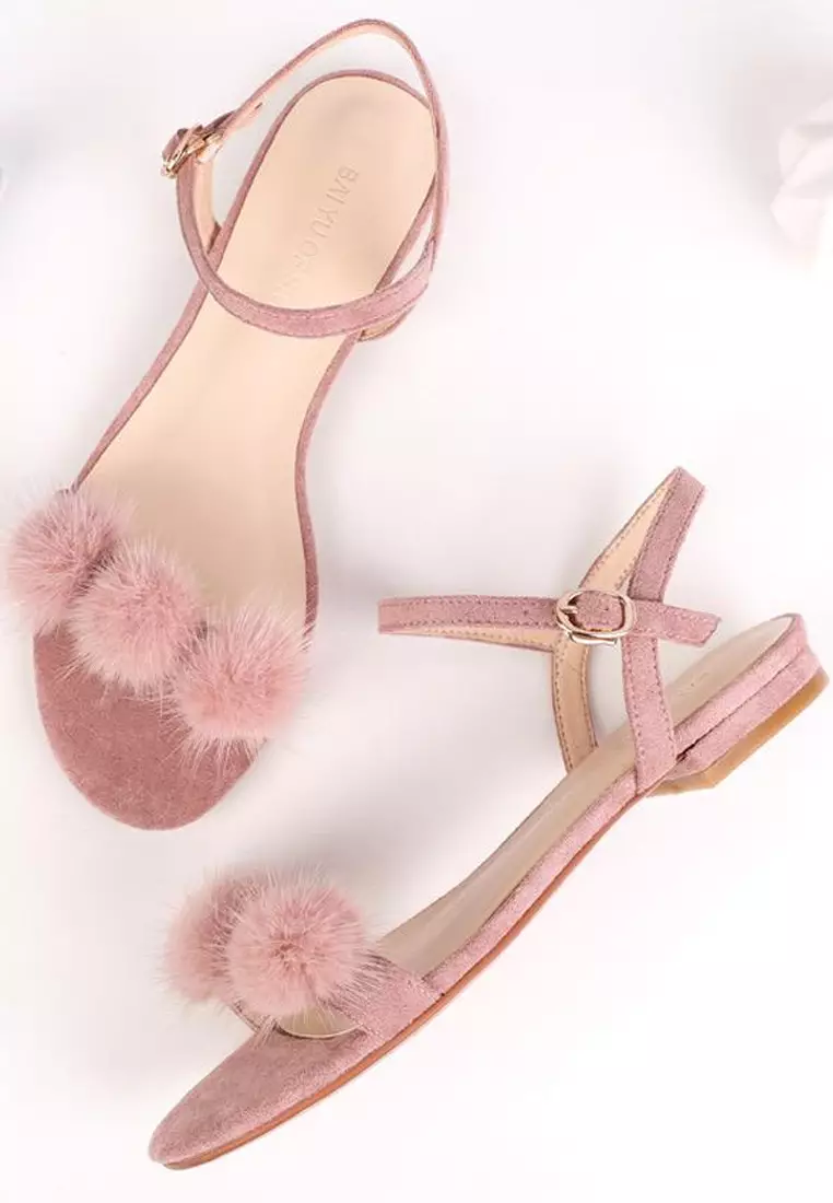 Fur Ball Ankle Strap Flat Sandals 6848-30