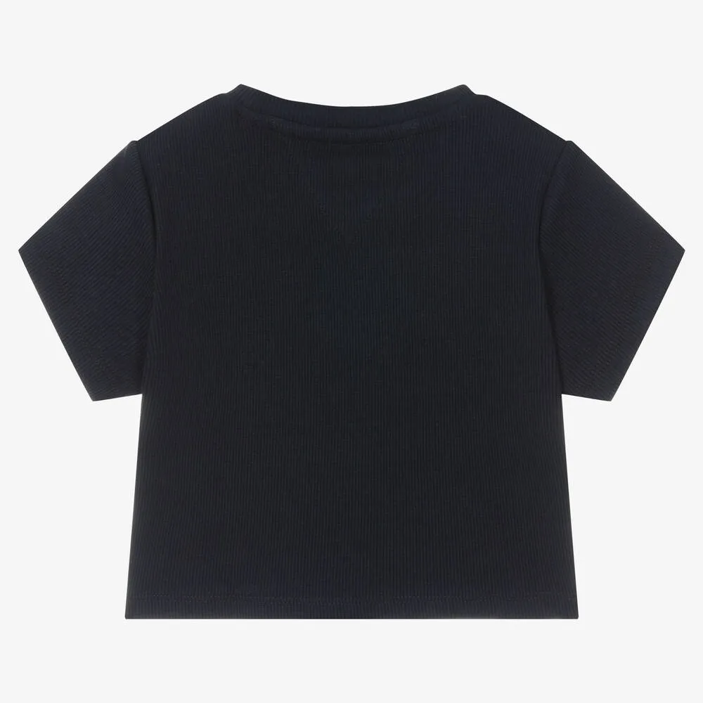 Girls Blue Ribbed Cotton Logo T-Shirt