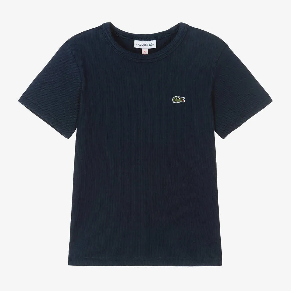 Girls Navy Blue Ribbed Cotton T-Shirt