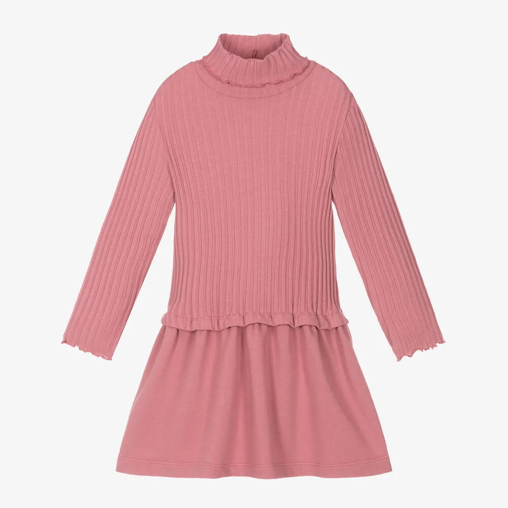 Girls Pink Ribbed Cotton Polo Neck Dress