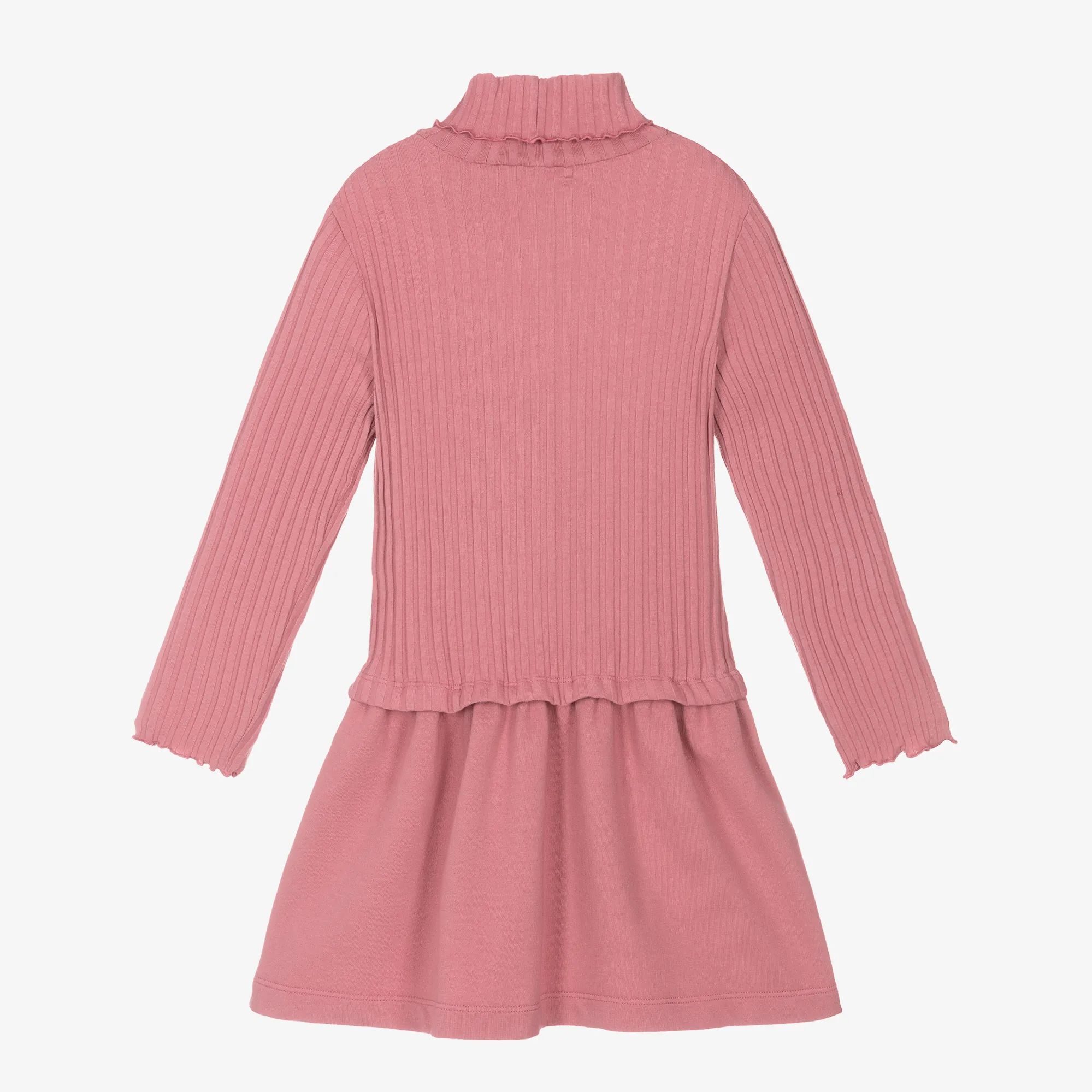 Girls Pink Ribbed Cotton Polo Neck Dress