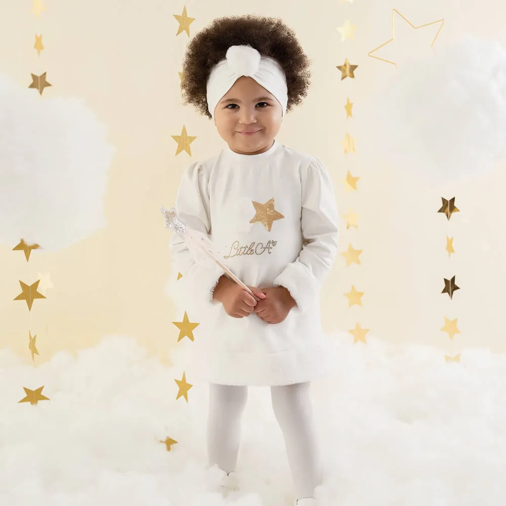 Girls White Cotton & Faux Fur Trim Dress