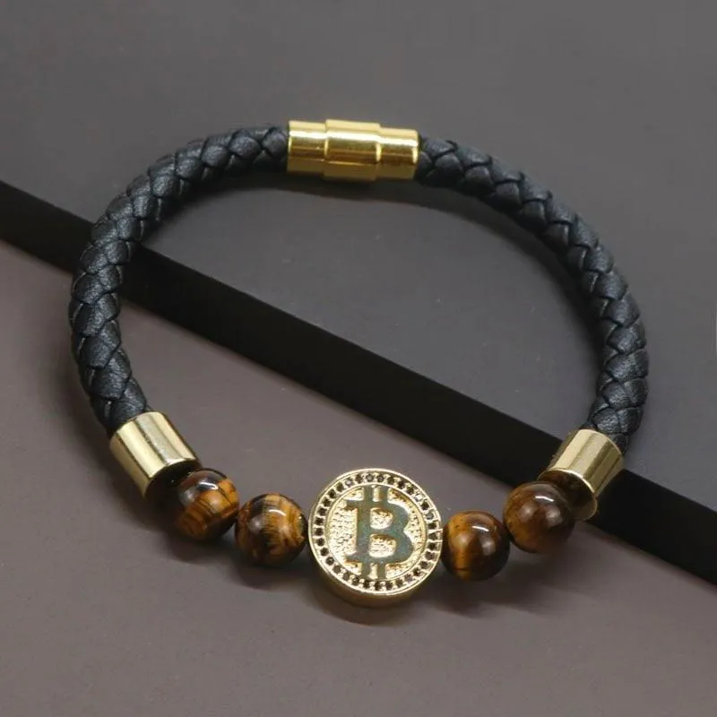 Gold Color Bitcoin Bracelet Natural Tiger Eye Stone Luxury Leather Bracelets For Men