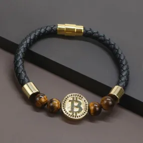 Gold Color Bitcoin Bracelet Natural Tiger Eye Stone Luxury Leather Bracelets For Men