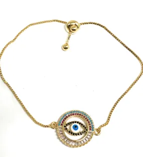 Gold Plated Colorful Evil Eye Adjustable Bracelet 9 inch