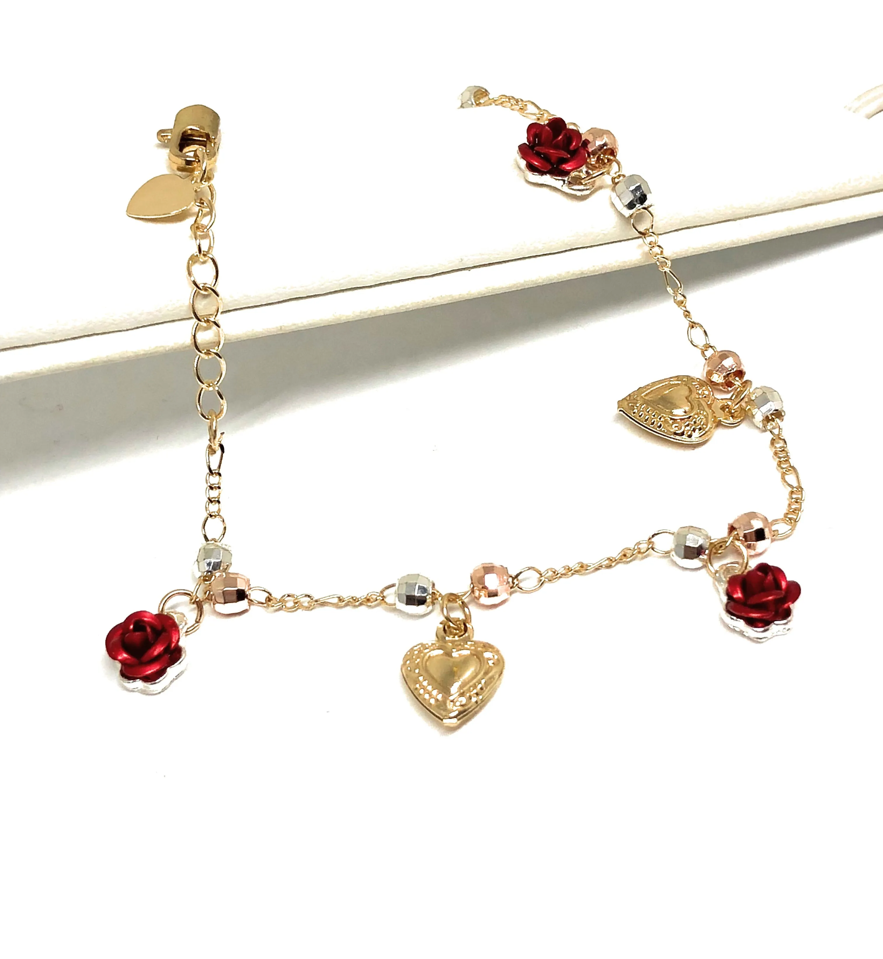 Gold Plated Heart Rose Tri-Color Bracelet 9”