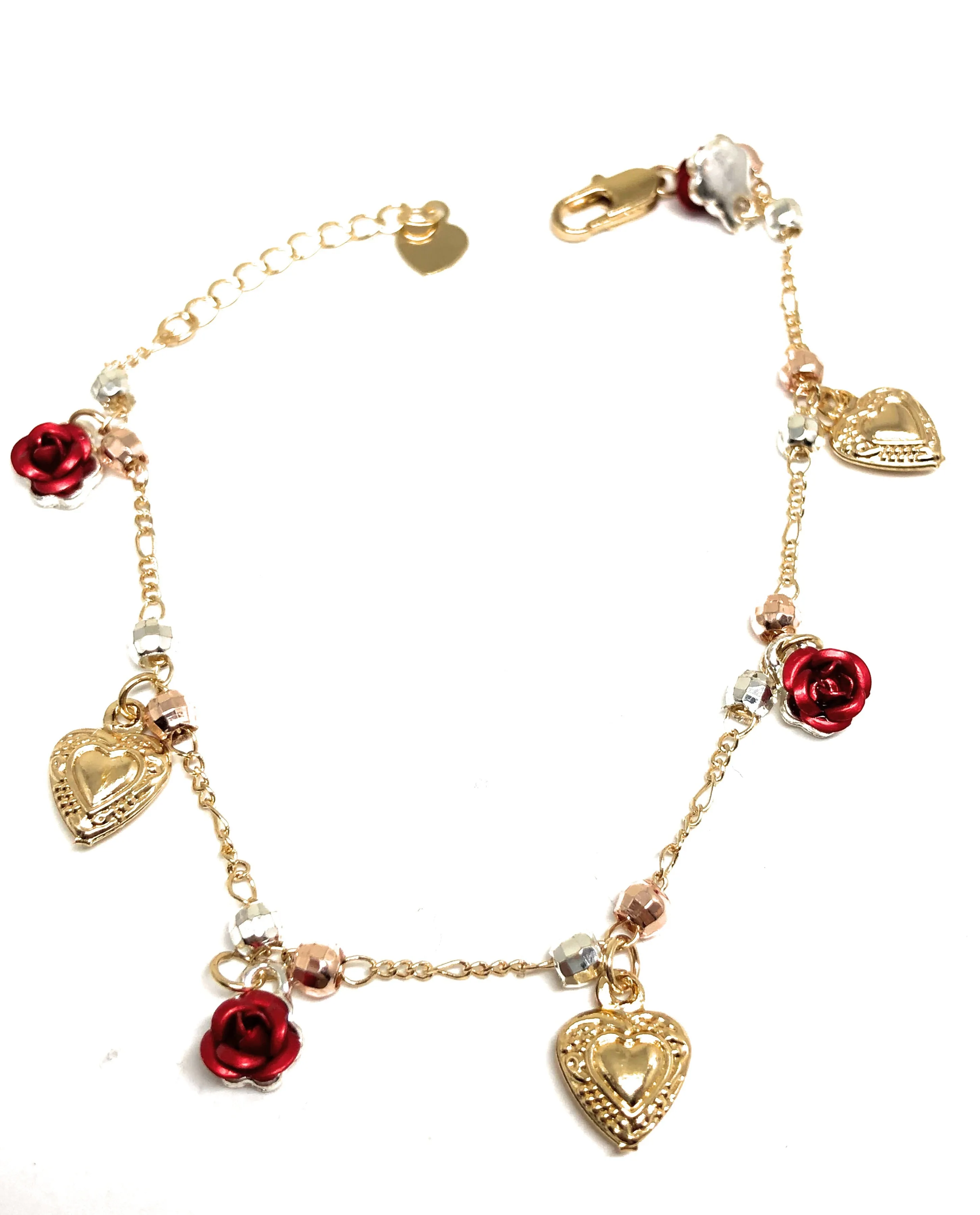 Gold Plated Heart Rose Tri-Color Bracelet 9”