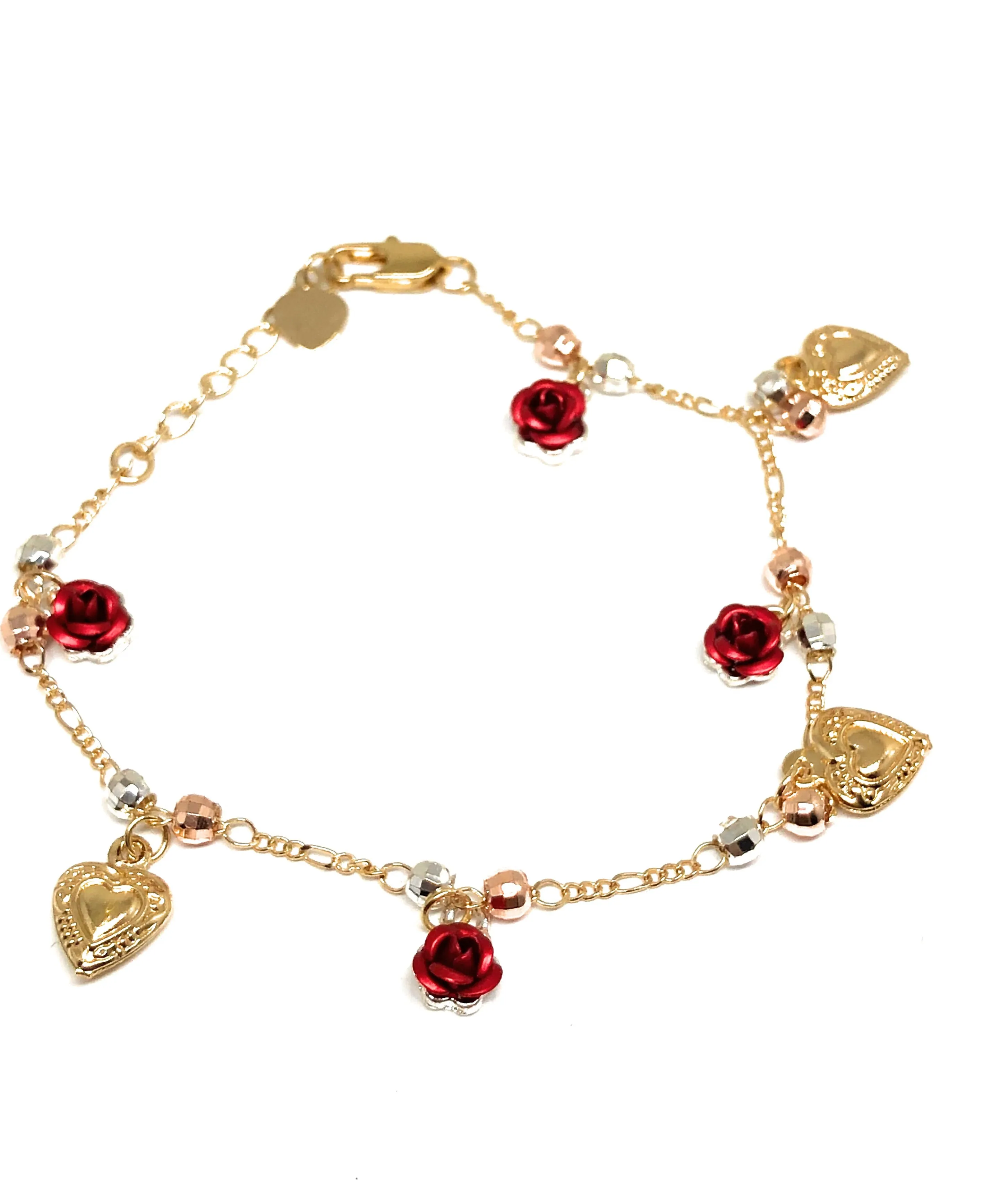 Gold Plated Heart Rose Tri-Color Bracelet 9”