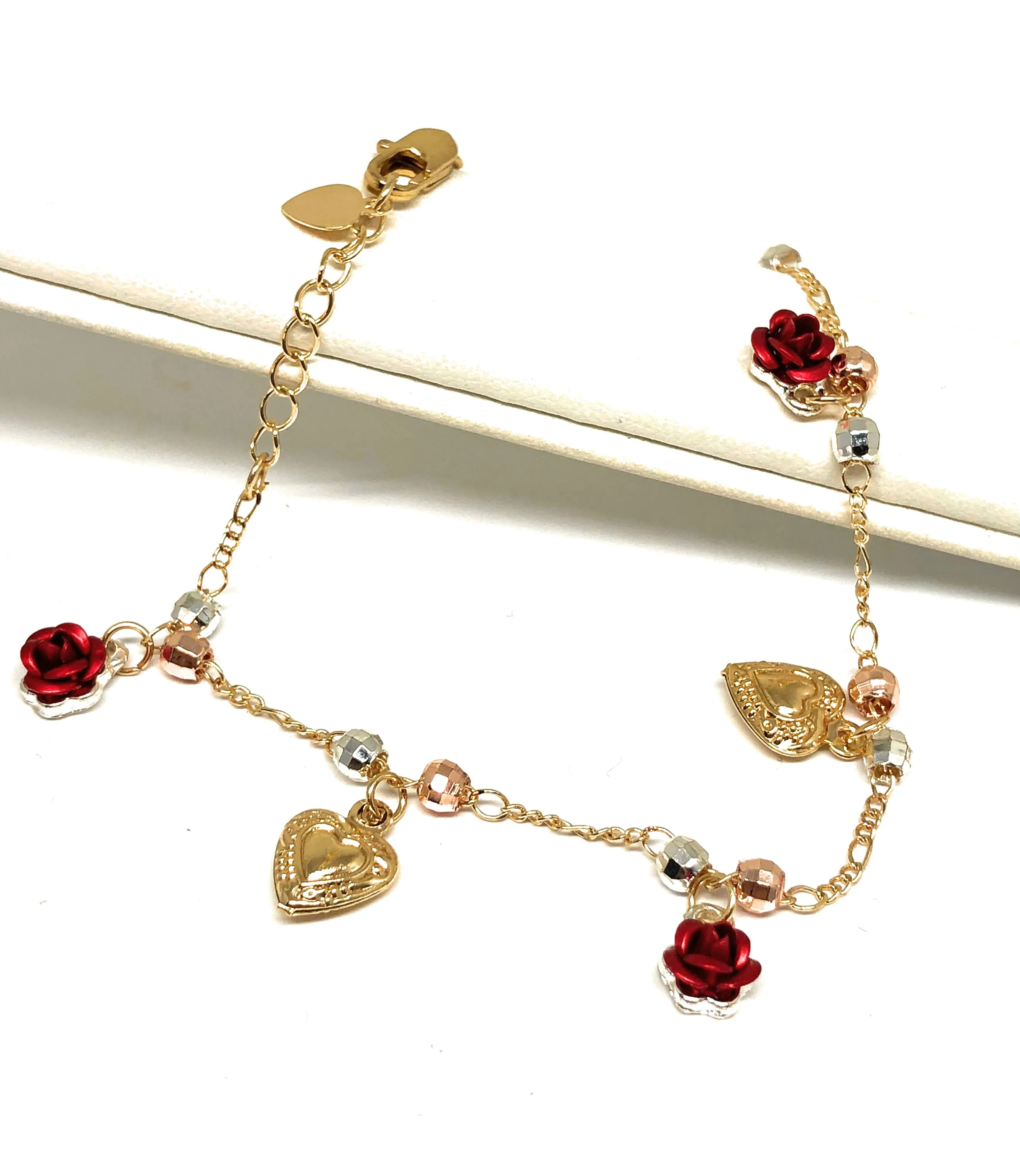 Gold Plated Heart Rose Tri-Color Bracelet 9”