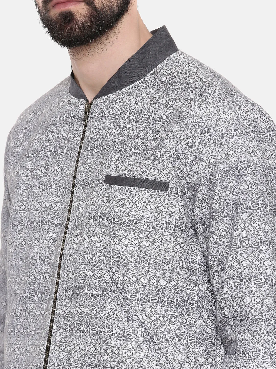 Grey Linen Printed Bomber Jacket - MMBJ013