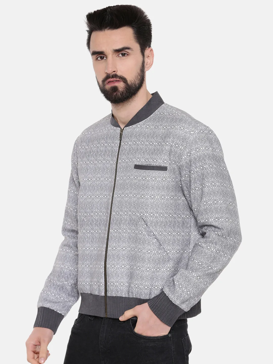 Grey Linen Printed Bomber Jacket - MMBJ013