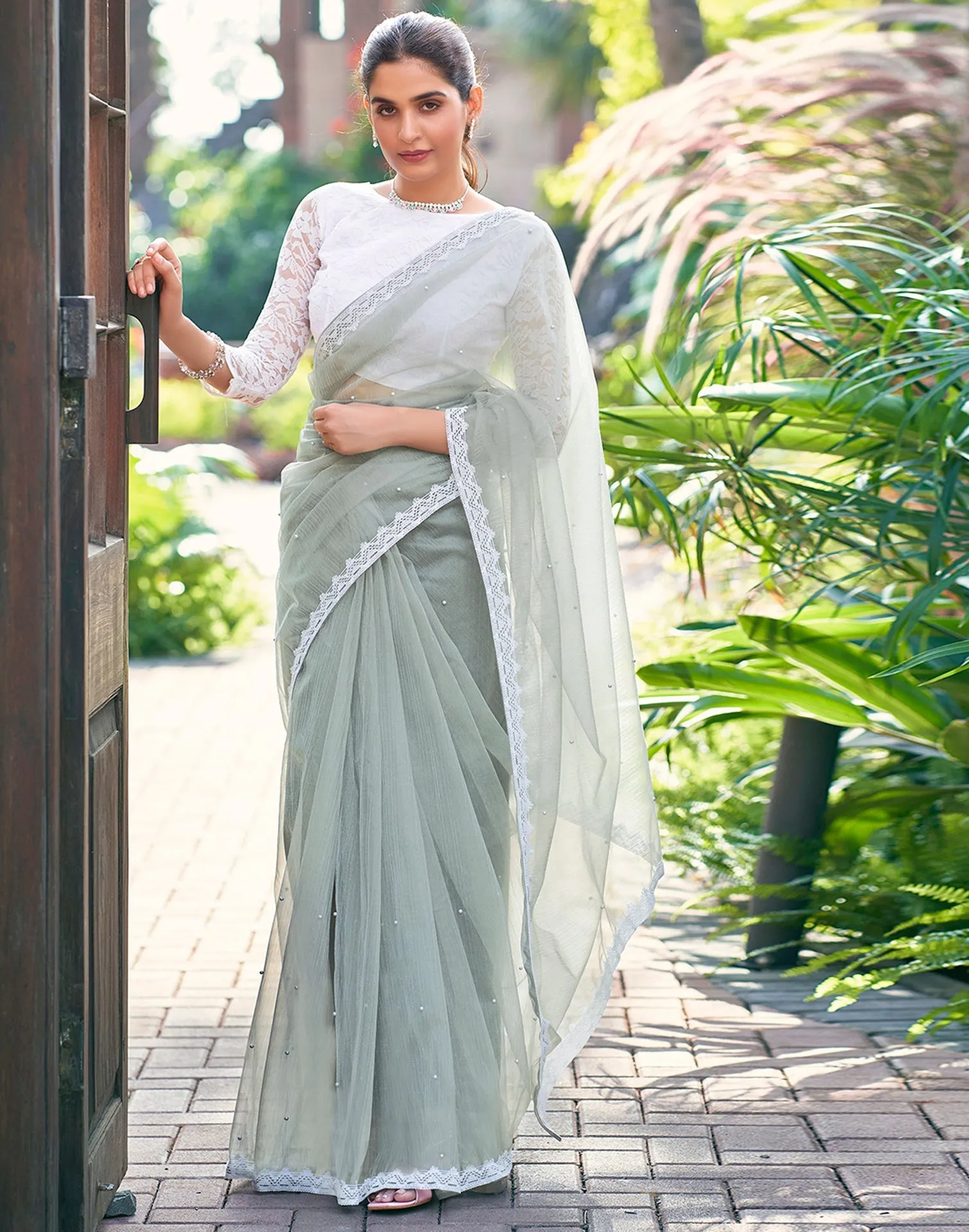 Grey Net Plain Saree