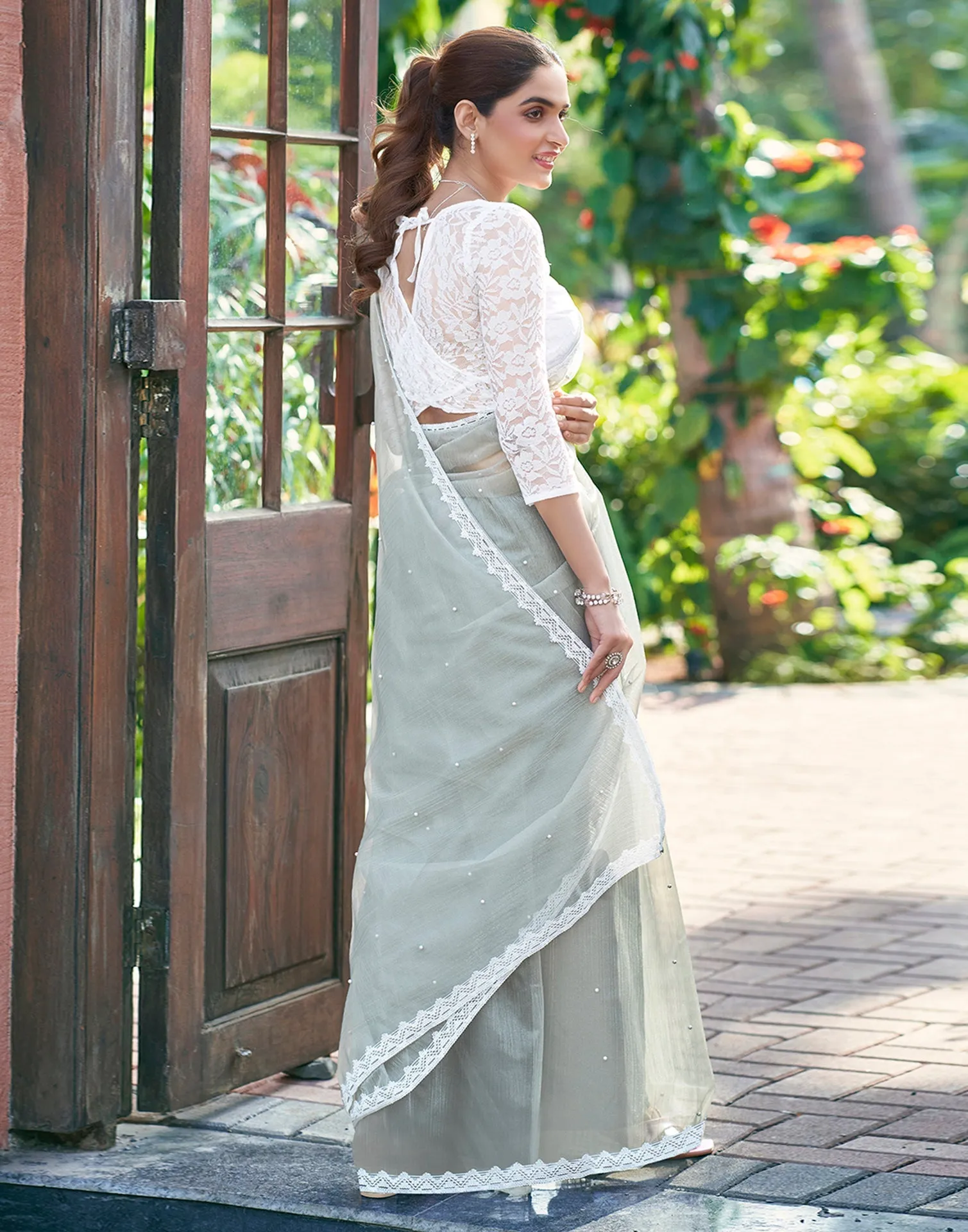 Grey Net Plain Saree