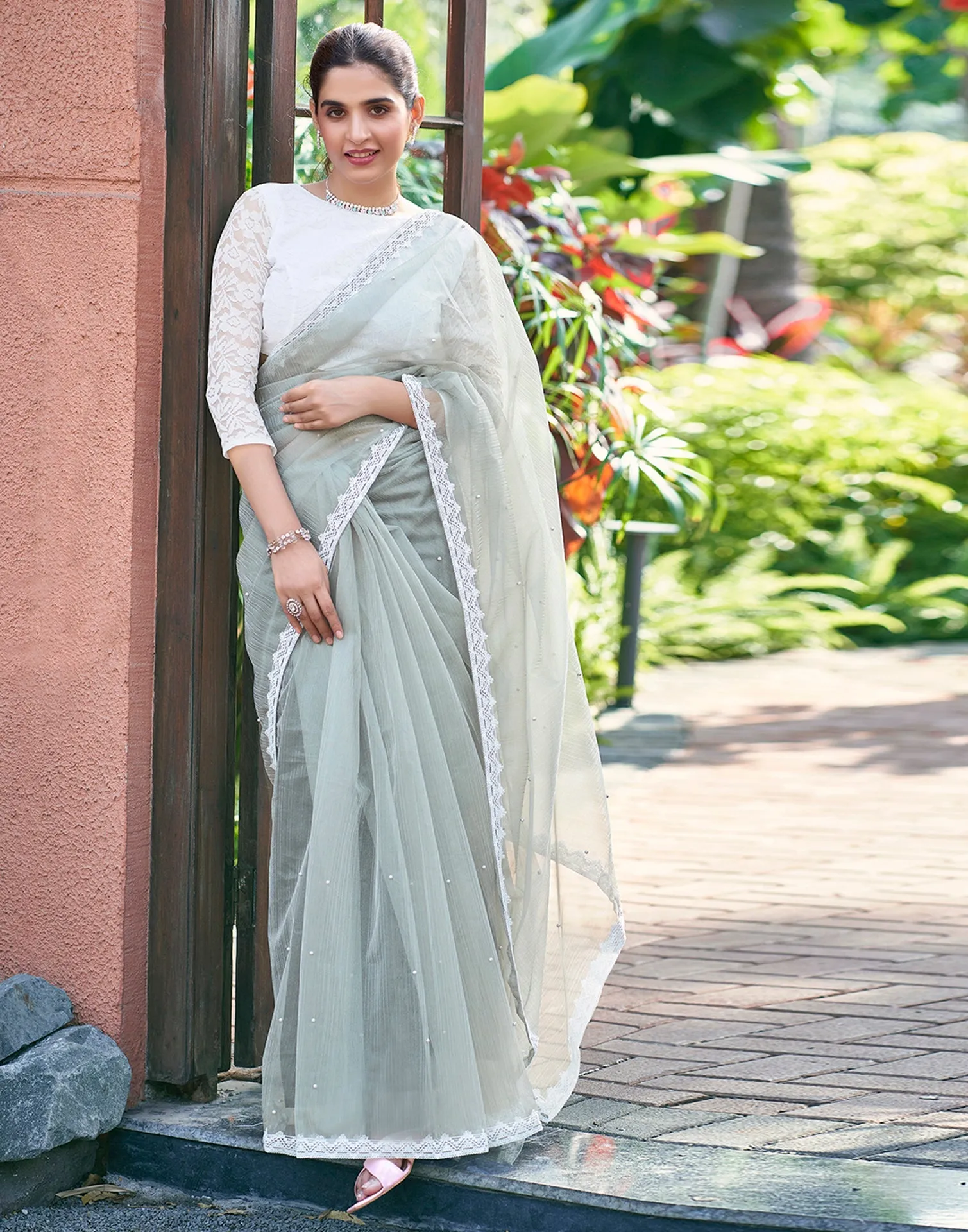 Grey Net Plain Saree