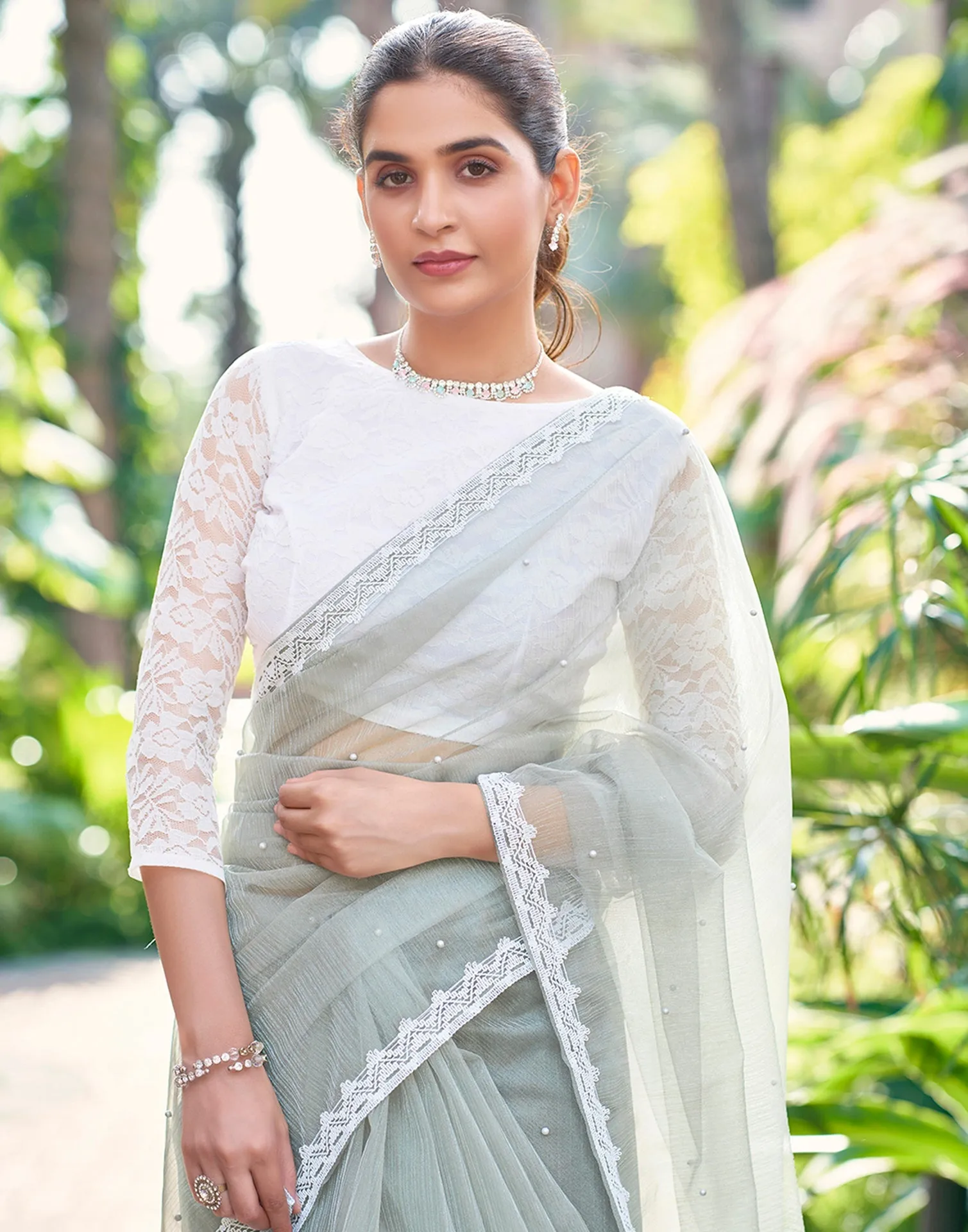 Grey Net Plain Saree