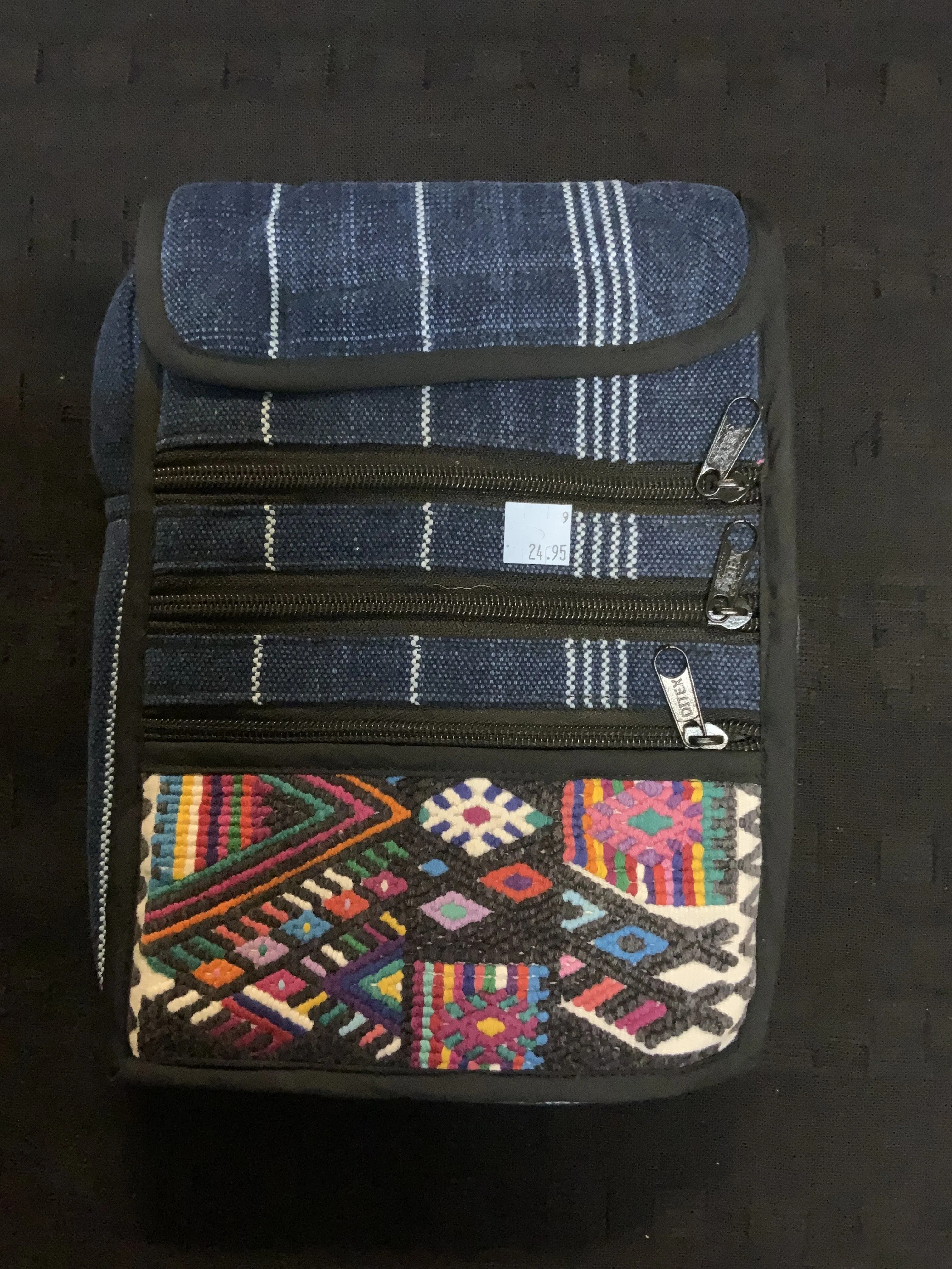 Guatemalan traveler bag in handwoven fabric with a patch of vintage huipil fabric.  7” x 9.5” with an adjustable 48” shoulder st