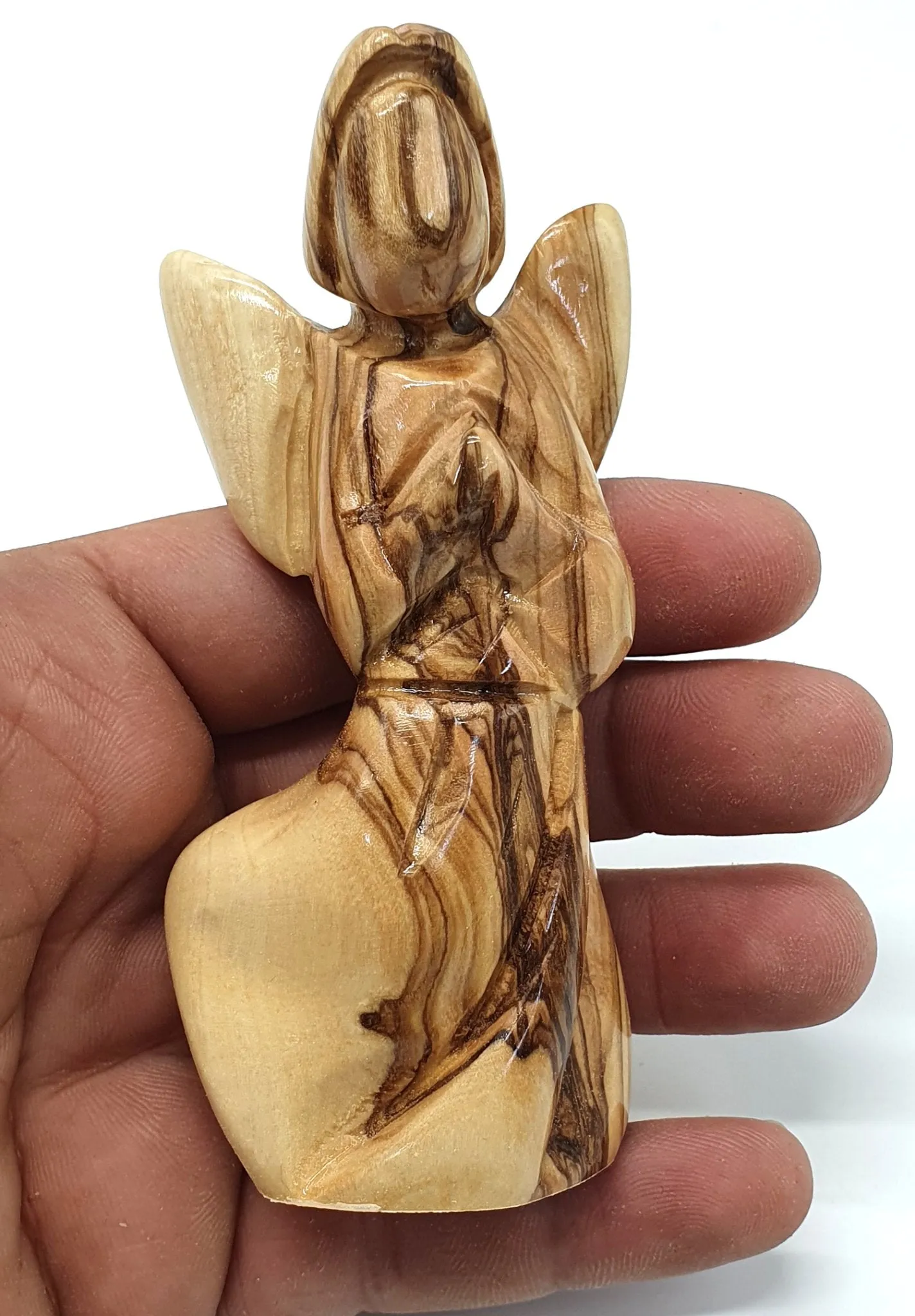 Hand-Crafted Olive Wood Praying Angel Statue - Bethlehem Made, 4.1 Inches, Spiritual Home Decor