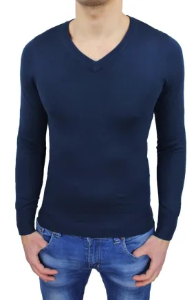 Maglioncino uomo Class blu scuro slim fit maglione pullover scollo a V con toppe