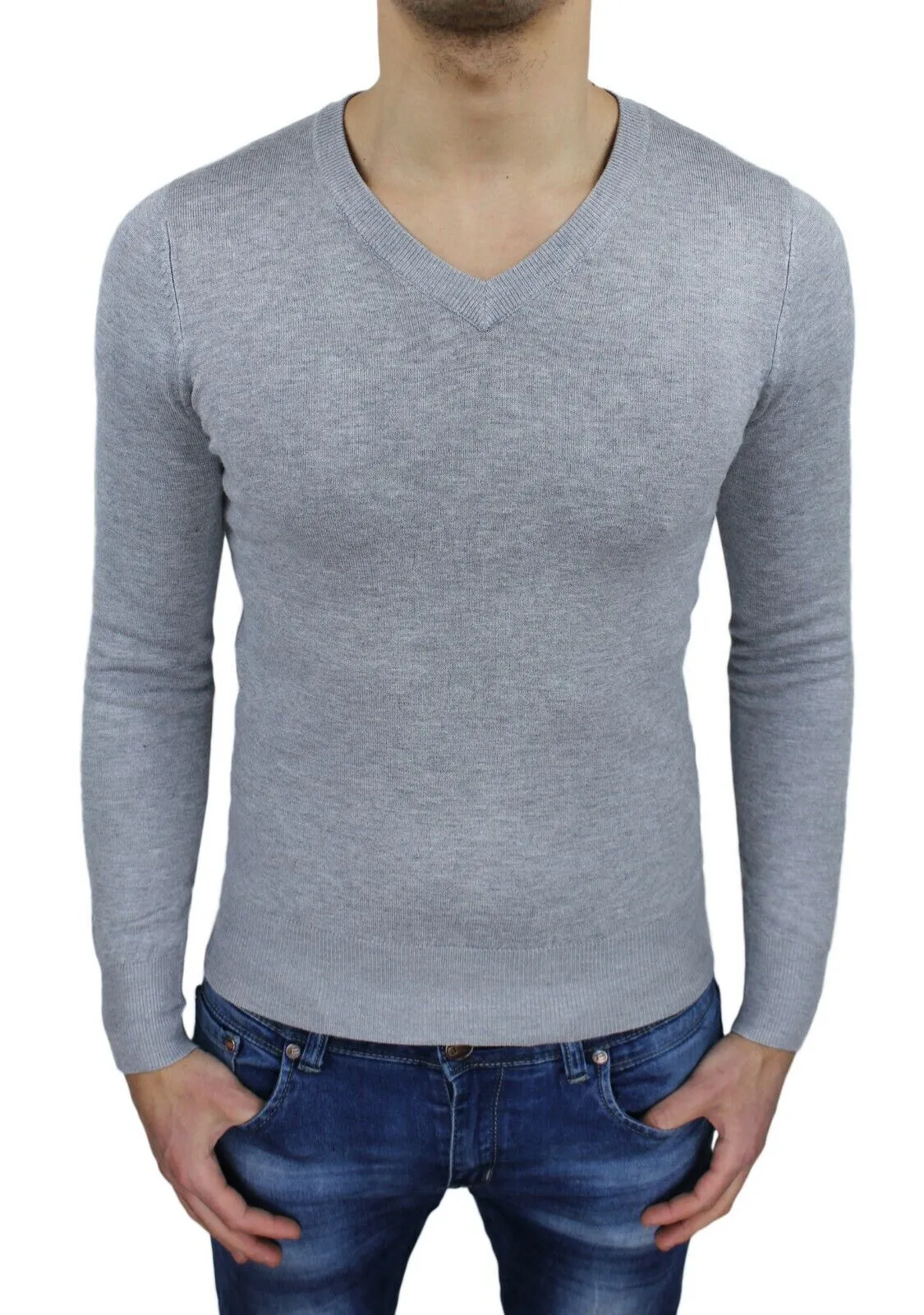 Maglioncino uomo Class grigio slim fit maglione pullover scollo a V con toppe